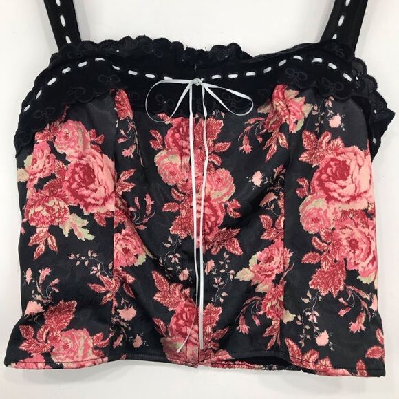 Free People X Revolve BELLE Black Pink Floral Eyelet Lace Corset Top - Picture 8 of 16